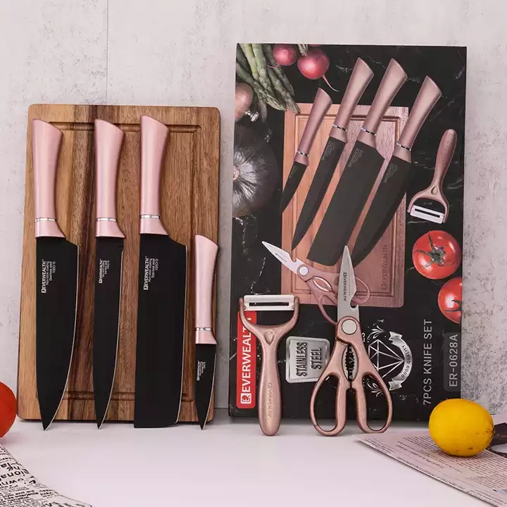 Hot Selling Presentlåda 7 stycken köksredskap rostfritt stål svart blad kniv set med skärbräda 