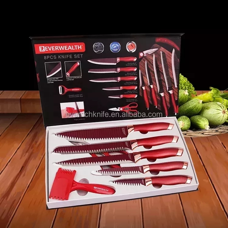 Toppaste attraktiva Hot Selling 8 st kök kniv set röd färg med presentförpackning 