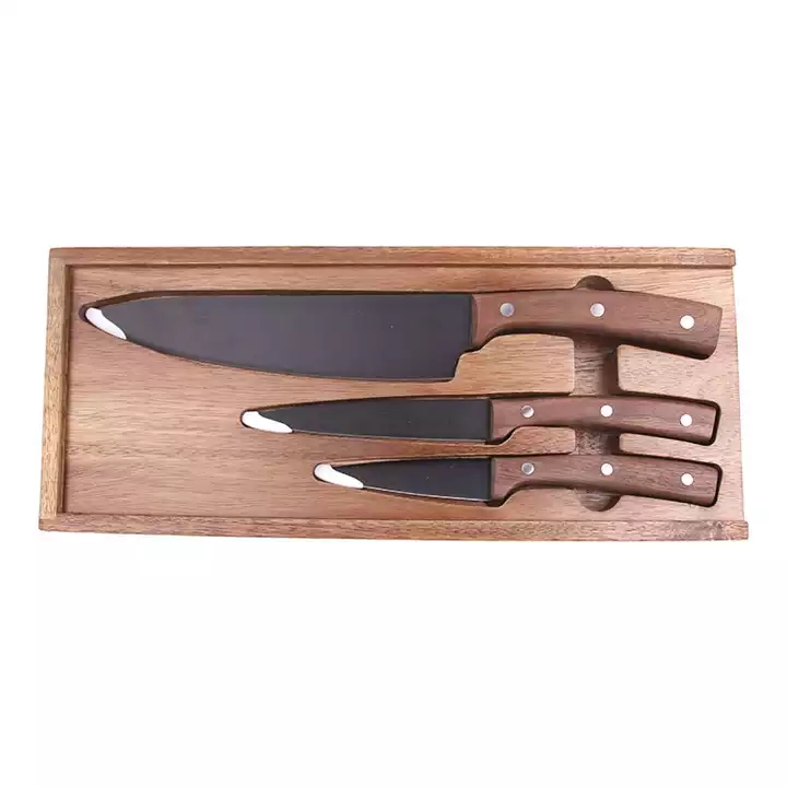Hot Selling Ny Design Svart Oxide Beläggning Köksknivar Chef Knife Set Med Valnöt Trä Handtag 