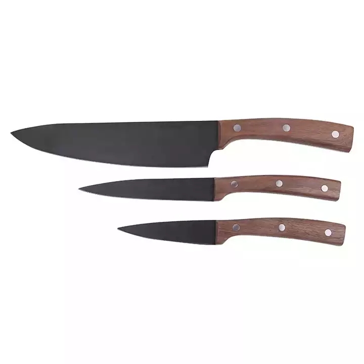 Hot Selling Ny Design Svart Oxide Beläggning Köksknivar Chef Knife Set Med Valnöt Trä Handtag 