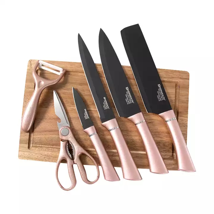 Hot Selling Presentlåda 7 stycken köksredskap rostfritt stål svart blad kniv set med skärbräda 