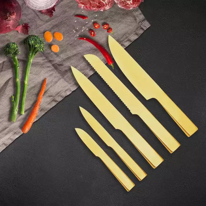 Amazon Hot Selling Non-stick beläggning rostfritt stål färg kökskniv set med ihåligt handtag 