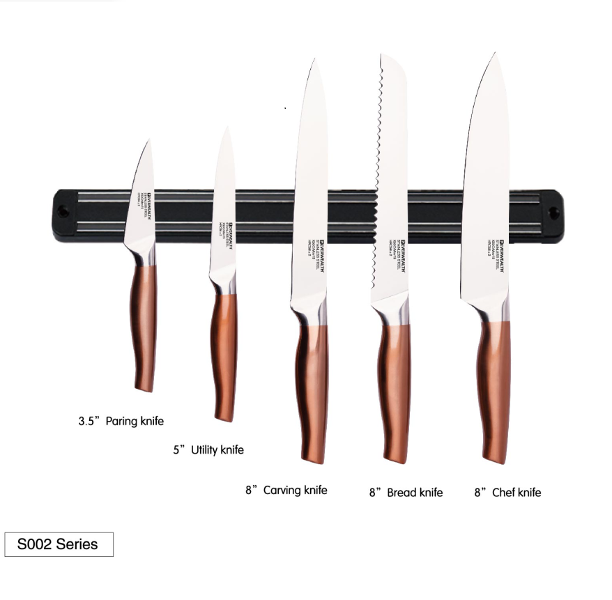 Bra kvalitet Hollow Handtag Chef Knife Set 6 st kökskniv Set med svart plast magnetisk knivhållare 