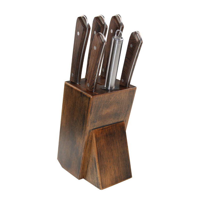 Kökskniv Set Med Träblock 7st Wenge Trähandtag Kniv Med Skärpning Stål Knife Block 