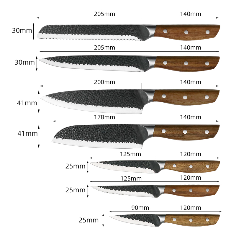 Japansk smidd 430 bolster Rostfritt Stål Kniv Acacia Trä Acacia Handtag med block kock kniv 