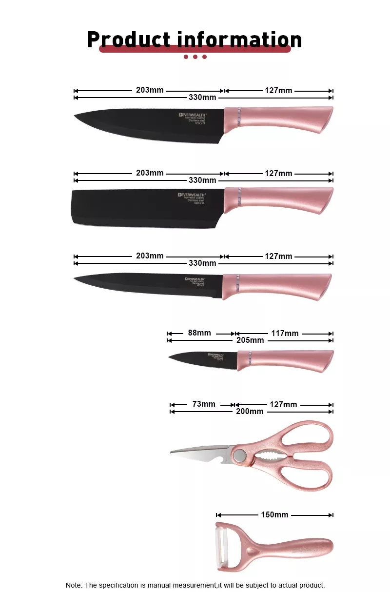 Hot Selling Presentlåda 7 stycken köksredskap rostfritt stål svart blad kniv set med skärbräda 