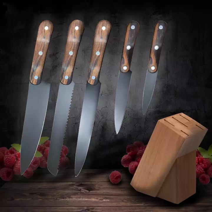 Naturlig Pakka Trä Rostfritt Stål 3cr13 6st Sharp Knives Set Kökskniv Set 