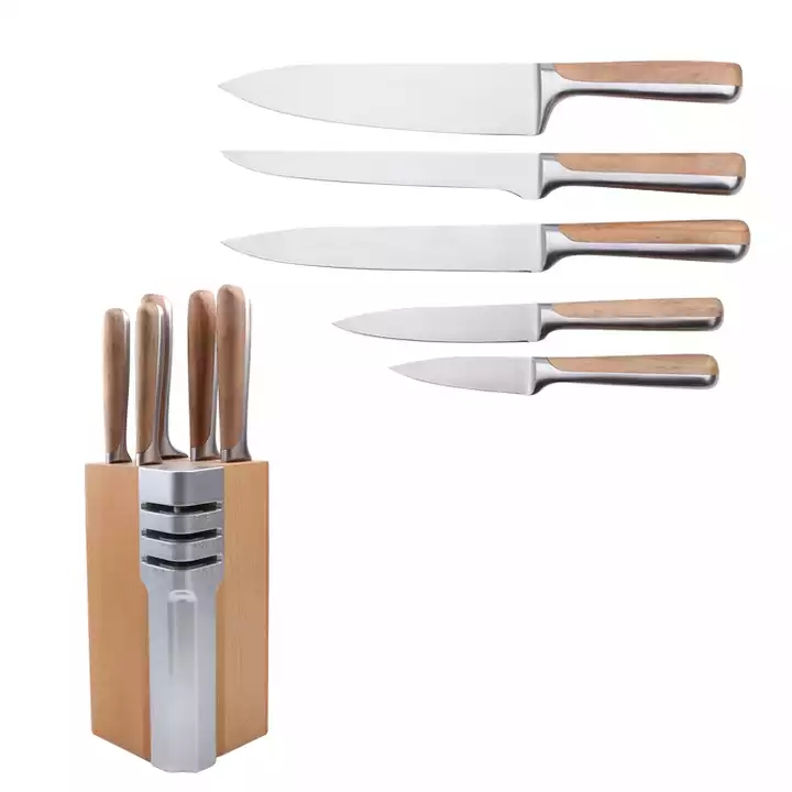Rostfritt stål kökskniv Set i bok trä + 430 handtag med träkniv förvaringsbas 