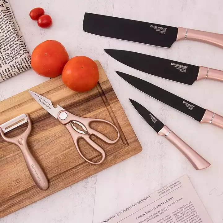 Hot Selling Presentlåda 7 stycken köksredskap rostfritt stål svart blad kniv set med skärbräda 